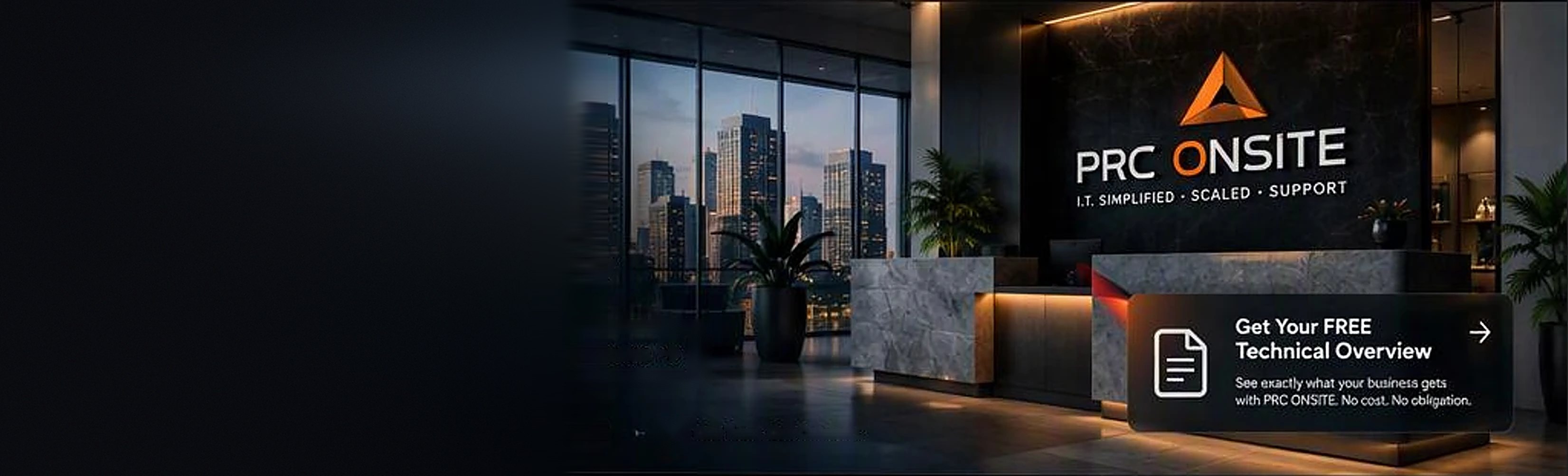 PRC ONSITE lobby: marble reception desk with warm under-lighting, the PRC ONSITE logo wall, and floor-to-ceiling windows over the city at dusk