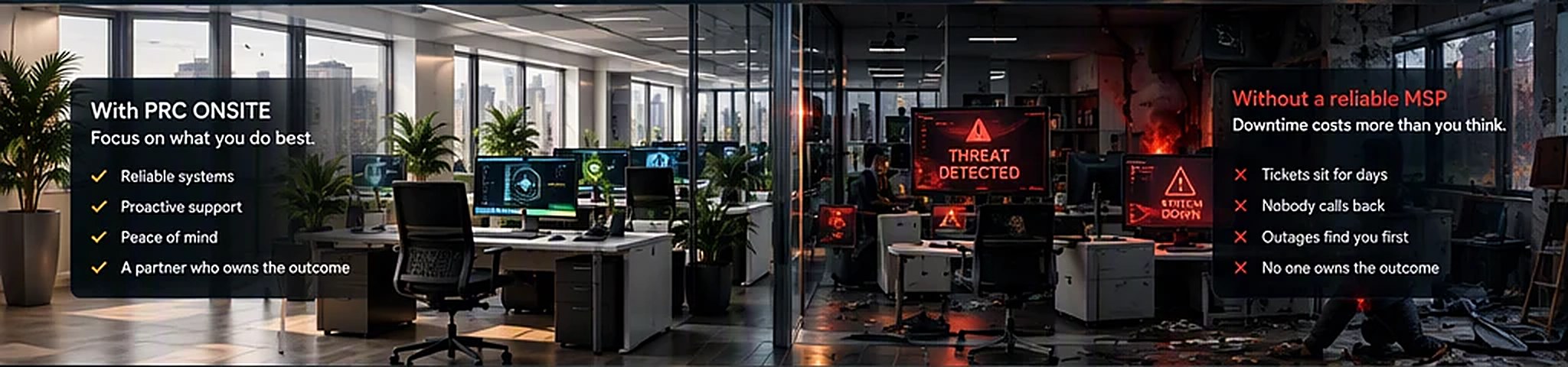 Left: a calm, working office. Right: the same office during an outage, with threat-detected and system-down alerts on screen.